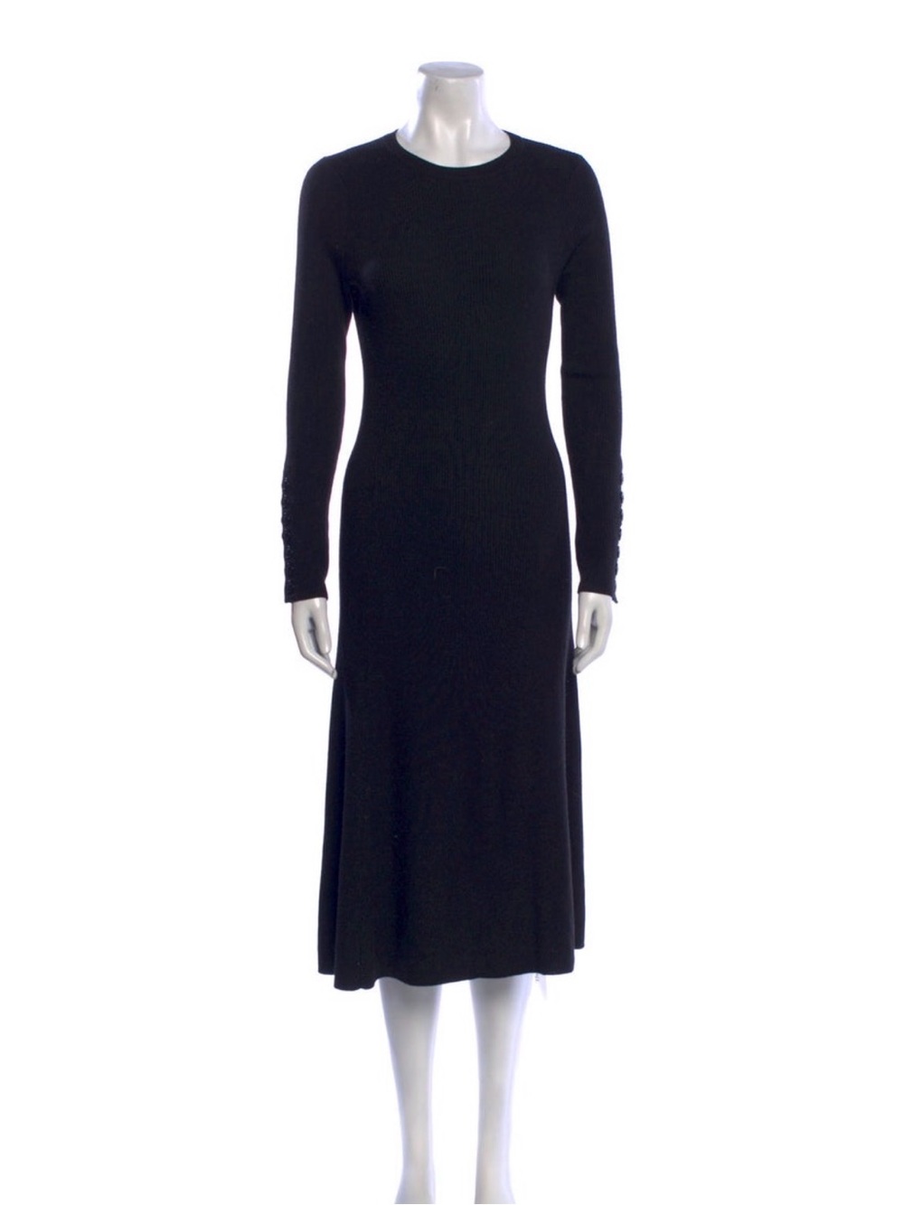 St. John Black Knit Midi Dress S Long Sleeve Button Cuff A-Line
